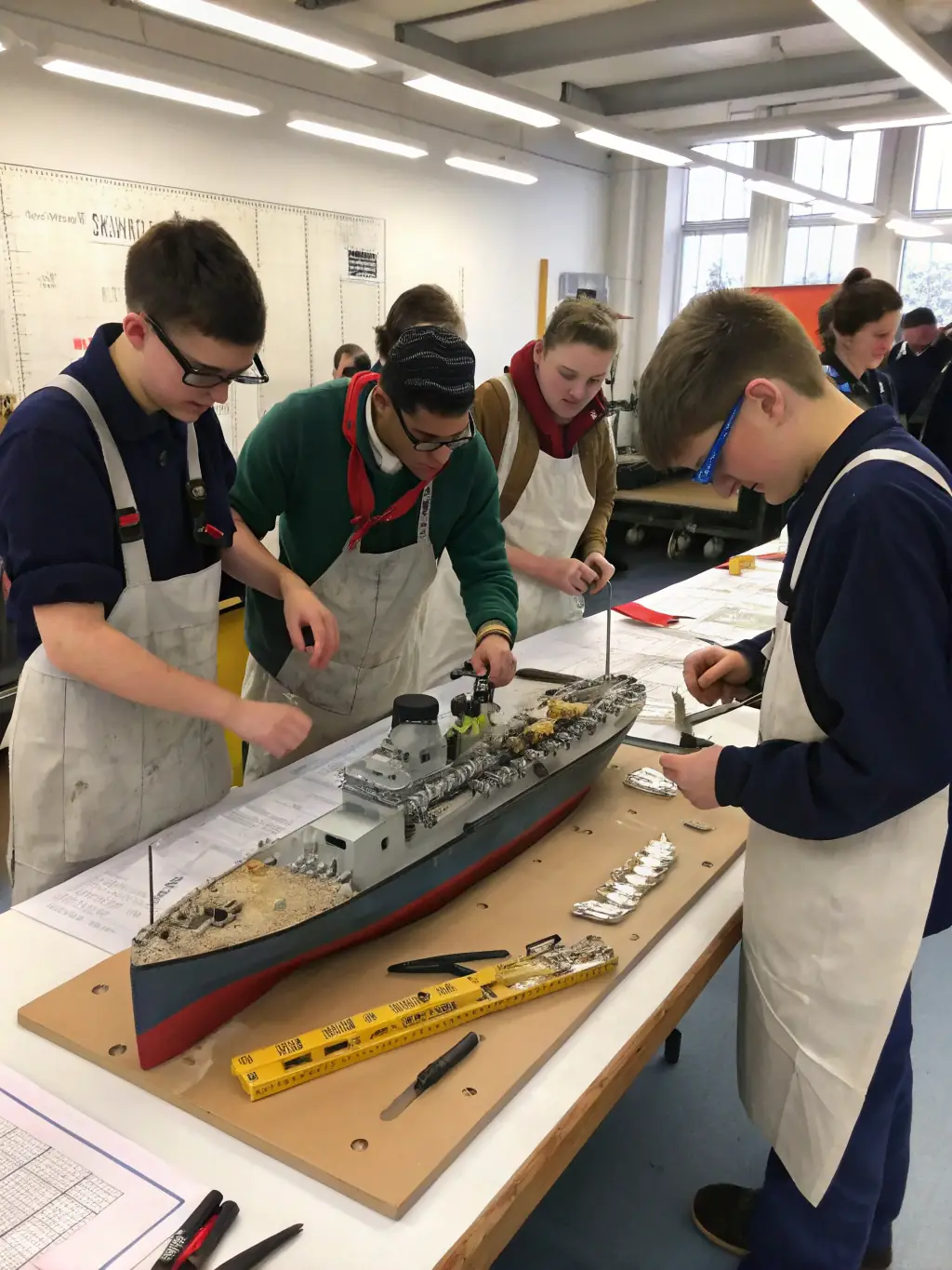 A group of young karting enthusiasts participating in a kart maintenance workshop, learning about engine mechanics and chassis setup, with a focus on hands-on experience and practical skills.