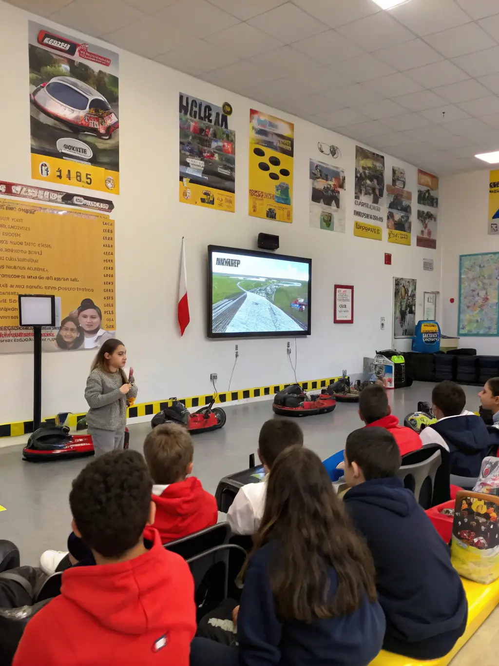 A picture of a karting safety training session, with instructors demonstrating safety procedures and participants practicing safe driving techniques, emphasizing the importance of safety in karting.