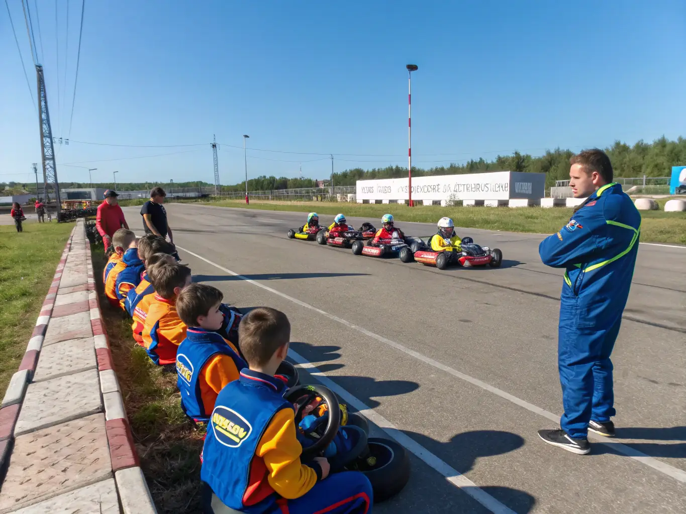 An image of young drivers in racing suits practicing on a karting track, with coaches providing guidance. The scene captures the energy and focus of a training session, emphasizing the structured approach to skill development.
