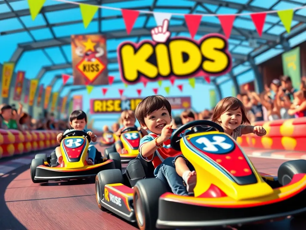 A group of young karters participating in a training session, focusing on improving their driving techniques on a karting track. The image should convey energy, focus, and the spirit of teamwork.